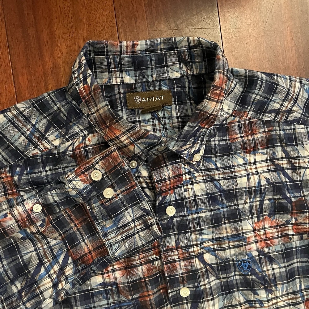Ariat Shirt Men Xl Button Down Purple Geometric Long Sleeve Western Plaid Floral